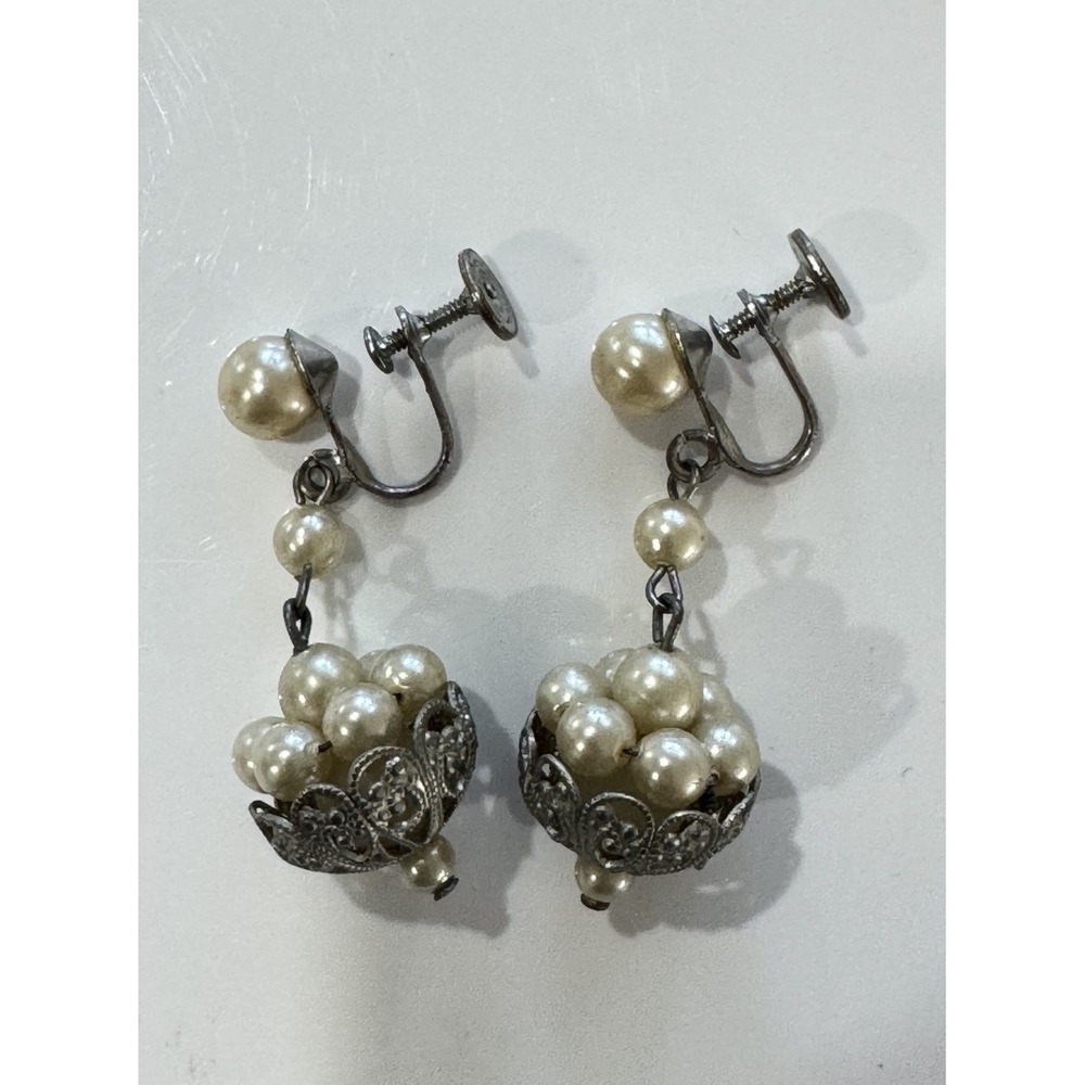 Vintage Silver Plated Filigree Pearl Basket Dangle Earrings Chandelier Screw B